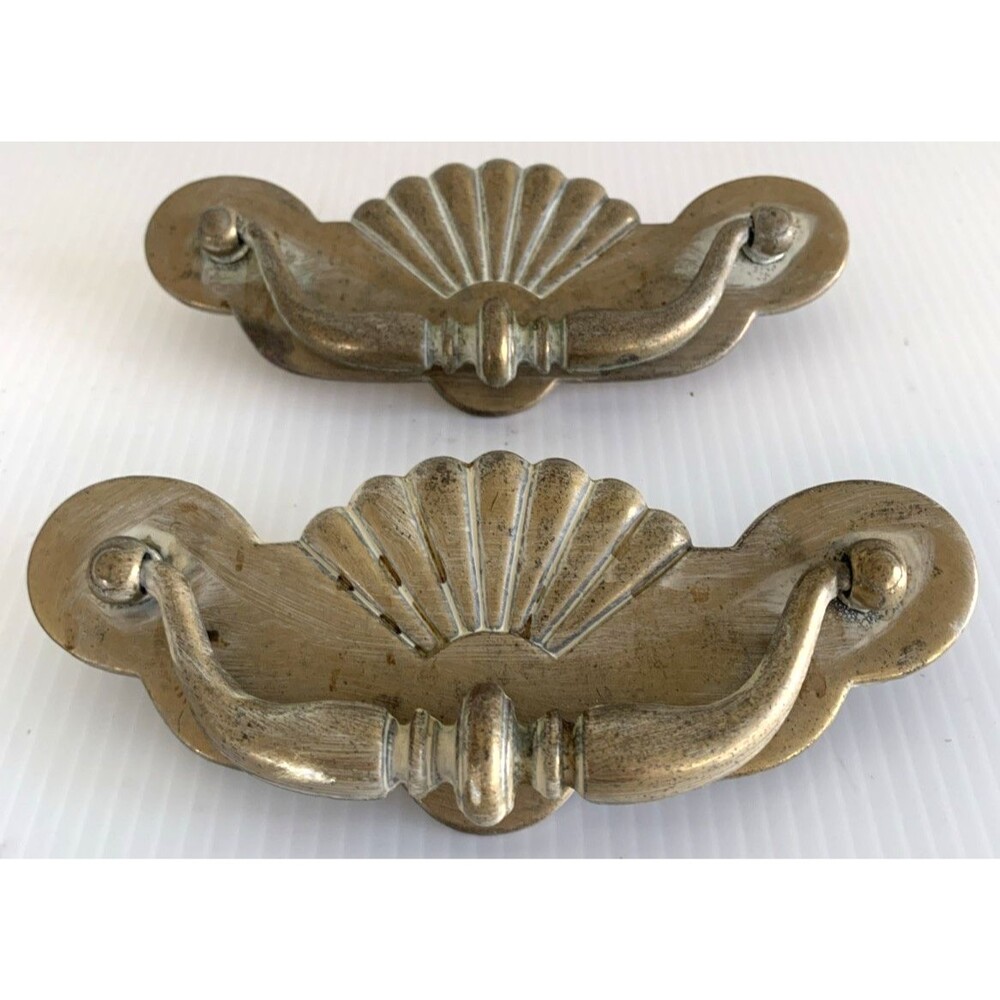 Pair (2)  Vintage Keeler Brass Co KBC N15616 Shell Fan Bail Drawer Pulls 6" Hole